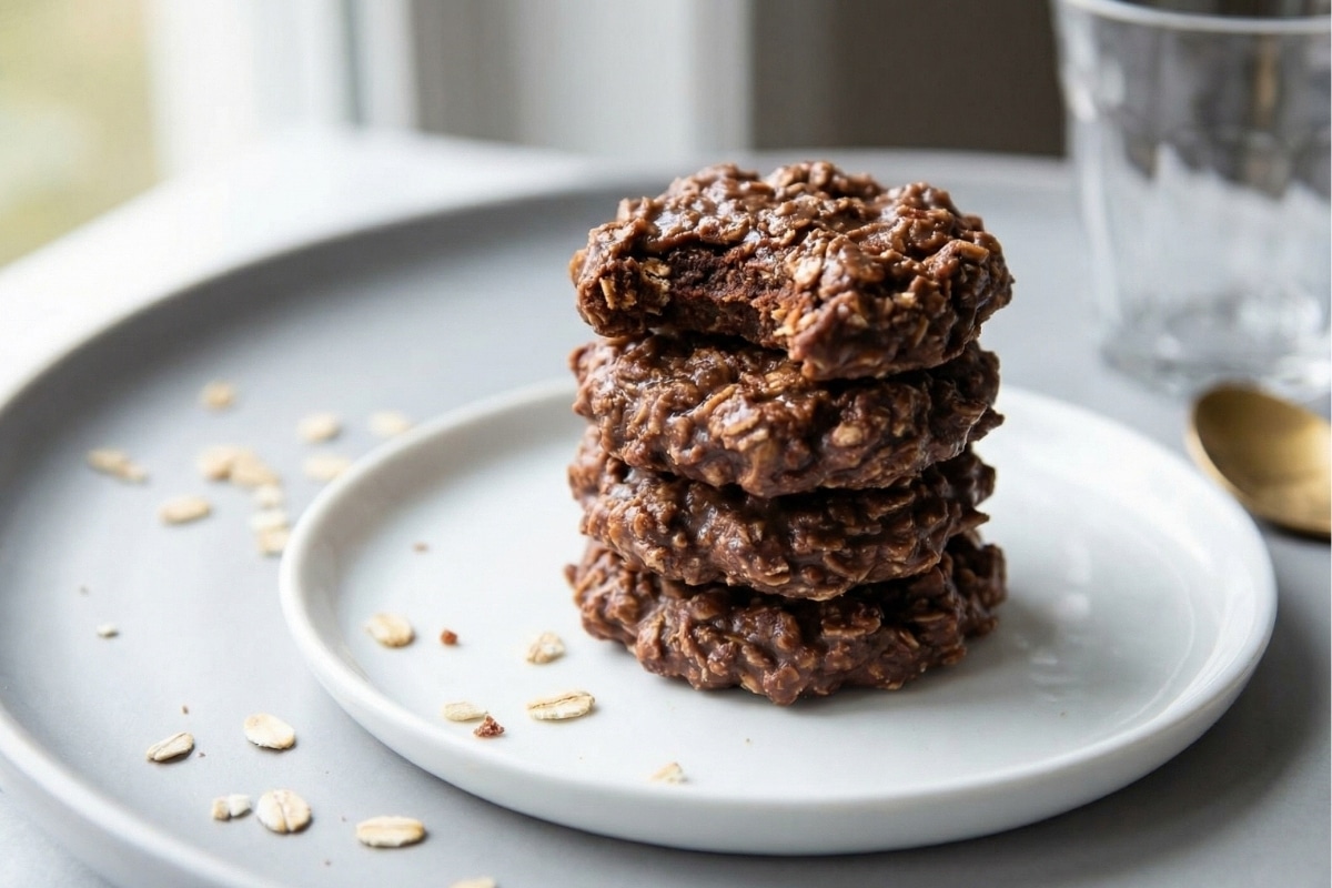 Stacked chocolate oatmeal cookies on a white plate, No Bake Preacher Cookies with a fudgy bite