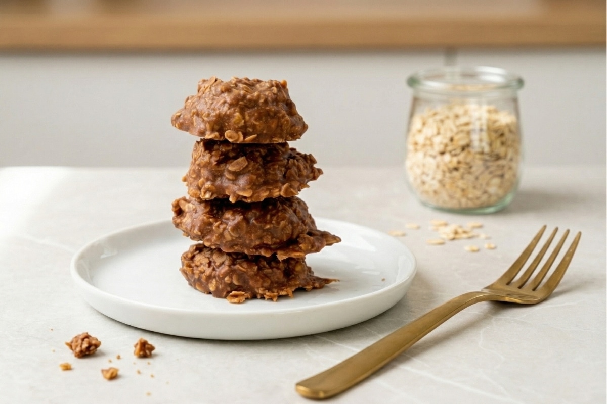 Stacked chocolate oatmeal cookies on a white plate with oats jar behind, Peanut Butter No Bake Cookies