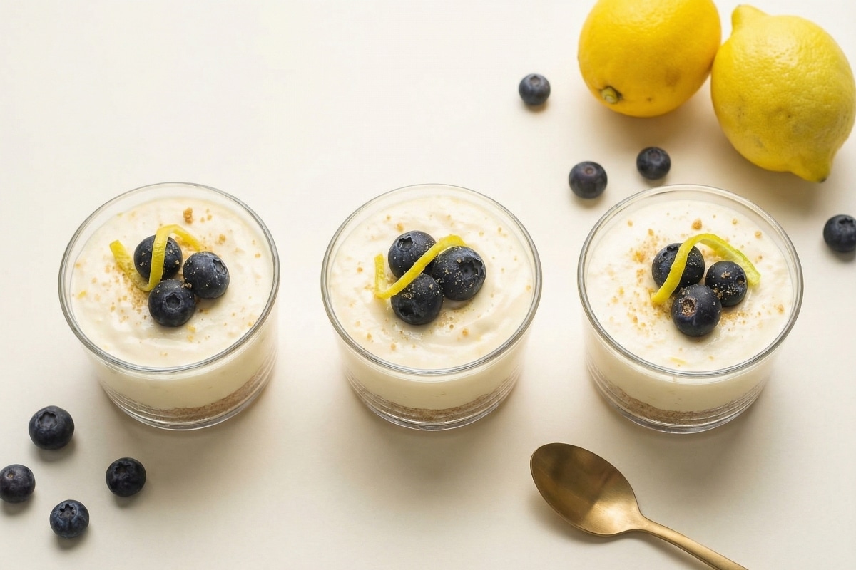 Three glass cups of No-Bake Lemon Cheesecake Mousse Cups topped with blueberries and lemon zest