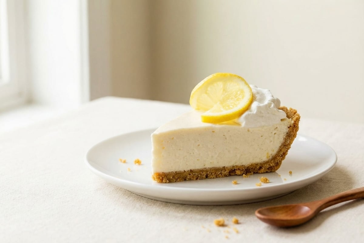 Slice of No-Bake Lemon Icebox Pie with whipped cream and lemon slice on graham crust